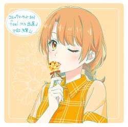 Rule 34 | 1girl, artist request, blonde hair, candy, food, food in mouth, highres, holding, holding candy, holding food, holding lollipop, isshiki iroha, licking, lollipop, looking at viewer, official art, one eye closed, plaid, plaid shirt, shirt, solo, speech bubble, upper body, yahari ore no seishun lovecome wa machigatteiru., yellow eyes, yellow shirt