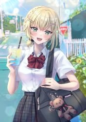 Rule 34 | 1girl, absurdres, allymidorikawa, bag, bag charm, black bag, black scrunchie, blonde hair, blurry, blurry background, bow, bowtie, braid, buttons, charm (object), collared shirt, commentary, cowboy shot, cup, disposable cup, drink, drinking straw, fangs, food, fruit, green eyes, grey skirt, hair ornament, hair scrunchie, hairclip, heart, high-waist skirt, highres, holding, holding cup, holding drink, kurumi noah, lemon, lemon slice, lens flare, looking at viewer, low ponytail, open mouth, outdoors, photo background, plaid, plaid bow, plaid bowtie, plaid skirt, pleated skirt, red bow, red bowtie, road, road sign, school bag, scrunchie, shirt, shirt tucked in, short hair, short ponytail, shoulder bag, sign, skirt, smile, solo, stop sign, stuffed animal, stuffed toy, teddy bear, teeth, upper teeth only, virtual youtuber, vspo!, white shirt, x hair ornament