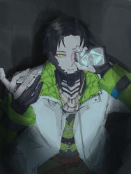Rule 34 | 1boy, animification, apex legends, belt, black gloves, black hair, black shirt, blouse, brown belt, cellphone, covering one eye, crypto (apex legends), expressionless, flansista, gloves, green eyes, green pants, green vest, highres, holding, holding phone, jacket, jewelry, male focus, necklace, open hand, pants, partially fingerless gloves, phone, shirt, smartphone, solo, vest, white jacket