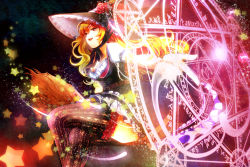 Rule 34 | 1girl, adapted costume, belt, blonde hair, breasts, broom, cleavage, dress, female focus, hat, i wanna, kirisame marisa, crossed legs, magic circle, open mouth, pointing, sitting, smile, solo, star (symbol), thighhighs, touhou, witch, witch hat, yellow eyes