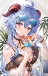 Rule 34 | 1girl, absurdres, bare shoulders, bell, bikini, bikini top only, black bikini, breasts, cleavage, commentary, cowbell, drink, eyewear on head, frilled bikini, frills, ganyu (genshin impact), genshin impact, goat horns, gradient eyes, harukix, highres, holding, holding drink, horns, large breasts, leaf, long hair, looking at viewer, multicolored eyes, neck bell, off shoulder, parted lips, purple eyes, see-through, sidelocks, solo, swimsuit, tinted eyewear, upper body, wet