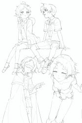 Rule 34 | 1boy, 1girl, ahoge, breasts, cloak, closed eyes, closed mouth, elf, greyscale, hand up, highres, hood, hooded jacket, invisible chair, jacket, monochrome, mushoku tensei, pointy ears, rudeus greyrat, short hair, shorts, sitting, sketch, small breasts, smile, sunglasses, sylphiette (mushoku tensei), toxic (toxicv), underwear, v