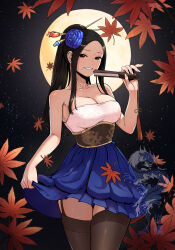 Rule 34 | 1girl, absurdres, autumn leaves, bare shoulders, bdpp, beautiful gunbari, black eyes, black hair, blue skirt, breasts, cleavage, dragon print, flower, folding fan, full moon, garter straps, hair flower, hair ornament, hair stick, hand fan, highres, holding, holding fan, korean commentary, large breasts, long hair, looking at viewer, medium breasts, mole, mole under mouth, moon, outdoors, skirt, skirt hold, sky, smile, solo, star (sky), starry sky, strapless, thighhighs