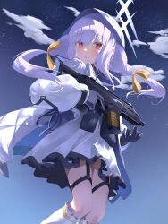 Rule 34 | 1girl, absurdres, atsuko (blue archive), blue archive, bow, braid, commentary, cz scorpion evo 3, dress, gun, hair bow, halo, heimu (heim kstr), highres, holding, holding gun, holding weapon, jacket, long hair, long sleeves, looking at viewer, night, night sky, open clothes, open jacket, purple hair, red eyes, sky, solo, submachine gun, twin braids, weapon, white dress, white hood, white jacket