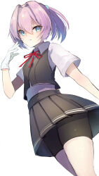 Rule 34 | 1girl, absurdres, bike shorts, bike shorts under skirt, black skirt, black vest, blue eyes, closed mouth, gloves, hair intakes, highres, kantai collection, looking at viewer, neck ribbon, one-hour drawing challenge, pink hair, pleated skirt, ponytail, red ribbon, ribbon, sashimi0gou, school uniform, shiranui (kancolle), shirt, short sleeves, shorts, shorts under skirt, simple background, skirt, solo, vest, white background, white gloves, white shirt