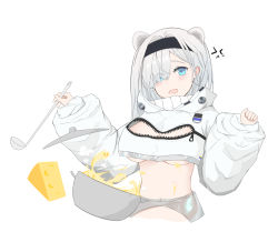 Rule 34 | 1girl, anger vein, animal ears, arknights, aurora (arknights), bear ears, black hairband, blue eyes, breasts, cheese, cleavage, cleavage cutout, clothing cutout, commentary request, crop top, cropped torso, female focus, food, hair over one eye, hairband, head tilt, highres, holding, holding ladle, ladle, large breasts, long hair, long sleeves, looking at viewer, midriff, navel, ningmeng soda, open mouth, pot, silver hair, simple background, solo, stomach, underboob, upper body, white background