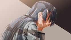 Rule 34 | 1girl, amemiya shion, artist name, black background, black hair, brown background, commentary request, covering face, from side, gradient background, grey jacket, hair ornament, hairclip, hand on own face, hand up, highres, jacket, long hair, long sleeves, profile, school uniform, seishou music academy uniform, shoujo kageki revue starlight, shozoku, signature, solo, two-tone background, upper body