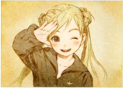 Rule 34 | 1girl, aged down, alvis hamilton, blonde hair, blue eyes, blush, child, face, highres, last exile, long hair, murata range, official art, one eye closed, open mouth, oversized clothes, salute, scan, simple background, smile, solo, twintails, uniform, wink