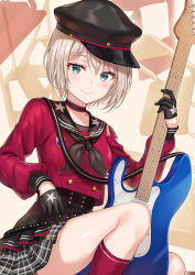 Rule 34 | 1girl, absurdres, aoba moca, aqua eyes, bang dream!, black gloves, black hat, black neckerchief, blue eyes, chair, choker, commentary, electric guitar, gloves, grey hair, guitar, half gloves, hat, highres, holding, holding instrument, instrument, kneehighs, long sleeves, looking at viewer, lost one no goukoku (vocaloid), neckerchief, peaked cap, plaid, plaid skirt, pleated skirt, red shirt, red socks, sailor collar, shirt, short hair, sitting, skirt, smile, socks, solo, star (symbol), tokkyu, vocaloid