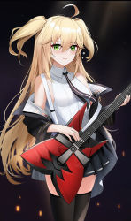 Rule 34 | 1girl, admiral hipper (azur lane), admiral hipper (muse) (azur lane), ahoge, azur lane, bare shoulders, black background, black jacket, black necktie, black skirt, black thighhighs, blonde hair, breasts, chinese commentary, closed mouth, collared shirt, commentary request, cowboy shot, electric guitar, green eyes, guitar, hair between eyes, highres, holding, holding instrument, instrument, jacket, long hair, long sleeves, looking at viewer, medium breasts, mole, mole under eye, necktie, off shoulder, official alternate costume, open clothes, open jacket, qing wu, shirt, sidelocks, skirt, sleeveless, sleeveless shirt, solo, thighhighs, two side up, white shirt, zettai ryouiki