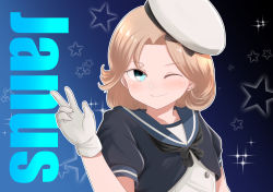 Rule 34 | 1girl, black neckwear, blonde hair, blue background, blue eyes, blue sailor collar, character name, dress, gloves, gradient background, hat, highres, janus (kancolle), kantai collection, looking at viewer, one eye closed, parted bangs, sailor collar, sailor dress, sailor hat, short hair, solo, tiger (tiger-kimu), upper body, white dress, white gloves, white hat