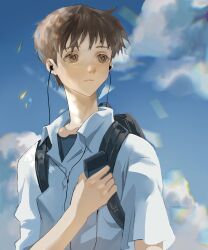 Rule 34 | 1boy, absurdres, backpack, bag, blue sky, brown eyes, brown hair, cassette player, closed mouth, cloud, collarbone, collared shirt, earbuds, earphones, expressionless, highres, ikari shinji, listening to music, male focus, neon genesis evangelion, shirt, short hair, sky, solo, white shirt, zuuin