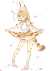 Rule 34 | 0nanaten, 1girl, :3, absurdres, animal ears, bare legs, bare shoulders, barefoot, blonde hair, bow, bowtie, cat ears, cat girl, cat tail, elbow gloves, extra ears, fangs, gloves, hair between eyes, high-waist skirt, highres, kemono friends, open mouth, print bow, print bowtie, print gloves, print skirt, serval (kemono friends), serval print, shirt, short hair, skirt, skirt basket, solo, tail, translation request, white shirt, yellow eyes