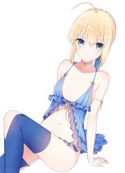 Rule 34 | 1girl, absurdres, ahoge, alternate costume, artoria pendragon (all), artoria pendragon (fate), blonde hair, blue ribbon, blue thighhighs, braid, breasts, closed mouth, collarbone, fate/stay night, fate (series), french braid, green eyes, hair between eyes, hair ribbon, highres, invisible chair, lingerie, looking at viewer, navel, ribbon, saber (fate), shichishino, short hair, sidelocks, simple background, sitting, small breasts, solo, stomach, thighhighs, underwear, white background