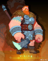 Rule 34 | 1boy, armor, axe, bara, battle axe, beard, chainmail, copyright request, facial hair, fl (l-fl), from side, full beard, full body, hair tattoo, holding, holding axe, large hands, large pectorals, long mustache, looking at viewer, male focus, mature male, medieval, muscular, muscular male, official art, orange hair, pectorals, sidepec, solo, thick arms, thick eyebrows, viking, weapon
