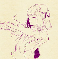 Rule 34 | 1girl, bandages, bandaged arm, bandages, bun cover, chinese clothes, closed mouth, double bun, closed eyes, flower, hair bun, hand on own arm, hi you (flying bear), ibaraki kasen, monochrome, outstretched arm, puffy short sleeves, puffy sleeves, rose, short hair, short sleeves, solo, stretching, tabard, touhou, trembling, upper body