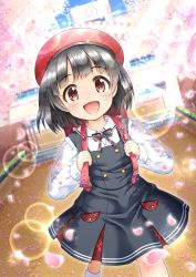 Rule 34 | 1girl, :d, backpack, bag, beret, black bow, black dress, black hair, blurry, blurry background, blush, bow, brown eyes, cherry blossoms, collared shirt, commentary request, day, depth of field, diagonal-striped bow, dress, dress shirt, flower, hat, highres, holding strap, idolmaster, idolmaster million live!, idolmaster million live! theater days, lens flare, long sleeves, nakatani iku, open mouth, outdoors, petals, pinafore dress, pink flower, plaid, pleated dress, randoseru, red hat, regular mow, school, school uniform, shirt, sleeveless, sleeveless dress, sleeves past wrists, smile, solo, striped, striped bow, uniform series (idolmaster), white shirt