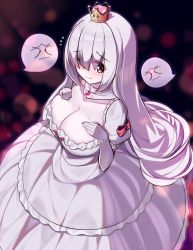 Rule 34 | 1girl, blush, boo (mario), bow, breasts, brooch, cleavage, collarbone, crown, ddt (darktrident), detached collar, dress, elbow gloves, frilled dress, frills, ghost, gloves, hair over one eye, hands on own chest, highres, jewelry, large breasts, long hair, looking at viewer, luigi&#039;s mansion, mario (series), new super mario bros. u deluxe, nintendo, princess king boo, red bow, red eyes, short sleeves, silver hair, super crown, tears, white dress, white gloves