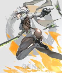 Rule 34 | 1girl, absurdres, armor, ass, bodysuit, boots, breasts, character name, closed mouth, from side, genderswap, genderswap (mtf), genji (overwatch), gloves, glowing, grey background, helmet, highres, holding, holding sword, holding weapon, katana, long hair, looking at viewer, looking back, motion blur, orange eyes, outstretched arms, overwatch, overwatch 1, shade, shiny clothes, shuriken, silver hair, solo, sword, throwing, urorong, weapon
