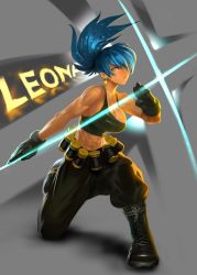 Rule 34 | 1girl, abs, blue eyes, blue hair, boots, breasts, character name, cleavage, combat boots, crop top, earrings, explosive, female focus, grenade, hair over one eye, jewelry, jintetsu, large breasts, leona heidern, long hair, matching hair/eyes, midriff, muscular, muscular female, on one knee, pants, ponytail, snk, solo, tank top, the king of fighters
