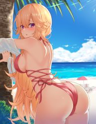 Rule 34 | 1girl, :o, against tree, artist request, ass, azur lane, bare back, bare shoulders, beach, beach chair, bikini, blonde hair, blue sky, blush, breasts, bush, cloud, commentary request, day, hair between eyes, hair over shoulder, hajika, halterneck, highres, innertube, large breasts, leaning, leaning forward, long hair, looking at viewer, looking back, multiple straps, ocean, one-piece swimsuit, open mouth, outdoors, palm tree, purple eyes, red bikini, red eyes, red one-piece swimsuit, richelieu (azur lane), richelieu (fleuron of the waves) (azur lane), sand, shiny clothes, shiny skin, side-tie swimsuit, sideboob, sky, solo, sunlight, swim ring, swimsuit, tree, umbrella, very long hair, water