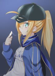 Rule 34 | 1girl, artoria pendragon (fate), bad id, bad twitter id, baseball cap, black hat, blonde hair, blue jacket, blue scarf, fate/grand order, fate (series), hat, highres, jacket, mysterious heroine x (fate), niwaka potato, ponytail, saliva, saliva trail, scarf, solo, tongue, tongue out, track jacket