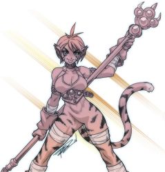 Rule 34 | 1girl, :p, animal ears, antenna hair, bad id, bad tumblr id, bandages, bottomless, breasts, breath of fire, breath of fire ii, capcom, cat ears, choker, cleavage, gloves, large breasts, monochrome, rinpoo chuan, robaato, short hair, solo, staff, tail, tongue, tongue out