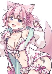 Rule 34 | 1girl, animal ear fluff, animal ears, antenna hair, armpit crease, bikini, blush, bow, braid, breasts, choker, cleavage, collarbone, dot nose, extra ears, fang, fingernails, frilled bikini, frilled choker, frills, green hoodie, hair bow, hair ornament, hakui koyori, hakui koyori (3rd costume), hand up, heart, heart in eye, hololive, hood, hoodie, inusaka haya, large breasts, leaning to the side, long sleeves, looking at viewer, mayonnaise bottle, medium hair, nail polish, navel, open clothes, open hoodie, open mouth, pink bow, pink choker, pink eyes, pink hair, pink nails, purple eyes, simple background, skin fang, sleeves past wrists, smile, solo, stomach, swimsuit, symbol in eye, tail, thigh strap, two-tone choker, two-tone hoodie, virtual youtuber, white background, white bikini, white choker, white hoodie, wolf ears, wolf girl, wolf tail