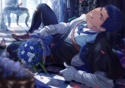 Rule 34 | 1boy, aomine daiki, artist name, belt, blue coat, blue eyes, blue flower, blue hair, blue pants, blue vest, boots, bouquet, brown footwear, buttons, candle, checkered floor, cherry, chocolate, chocolate syrup, coat, commentary request, crown, cup, dark-skinned male, dark skin, dress shirt, drink, drinking glass, flower, food, fruit, glass, gloves, grin, head tilt, holding, holding bouquet, indoors, kuroko no basuke, long sleeves, looking at viewer, male focus, on floor, on one knee, pants, petals, shirt, short hair, smile, solo, throne, vest, whipped cream, white flower, white gloves, white shirt, zawar379
