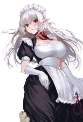 Rule 34 | 1girl, absurdres, apron, black dress, blush, breasts, candle, character request, cleavage, collar, commentary request, copyright request, cowboy shot, dress, elbow gloves, elf, frilled apron, frills, gemi ningen, gloves, grey hair, highres, holding, holding collar, korean commentary, large breasts, long hair, looking at viewer, maid, maid apron, maid headdress, pointy ears, red eyes, short sleeves, simple background, solo, sweatdrop, tongue, tongue out, white background, white gloves