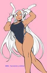 Rule 34 | 1girl, animal ears, boku no hero academia, breasts, commentary request, dark-skinned female, dark skin, gloves, highres, large breasts, long hair, mirko, muscular, muscular female, nstime23, pink background, rabbit ears, rabbit girl, rabbit tail, red eyes, solo, tail, thighs, tongue, tongue out, white gloves, white hair