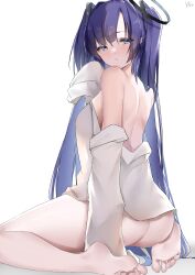 Rule 34 | 1girl, absurdres, ass, bare shoulders, barefoot, blue archive, blue eyes, blush, breasts, halo, highres, long hair, medium breasts, parted bangs, purple hair, shirt, soles, solo, two side up, white background, white shirt, yanwulazy, yuuka (blue archive)
