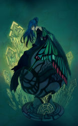 Rule 34 | 1girl, blue hair, butterfly wings, earrings, glowing, highres, insect wings, jewelry, lack, machine, solo, wings, yellow eyes