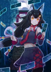 Rule 34 | 1girl, animal ear fluff, animal ears, bamboo, bamboo forest, black hair, black skirt, card, choker, closed mouth, cloud, collarbone, commentary, contrapposto, cowboy shot, detached sleeves, forest, hanafuda, holding, holding card, hololive, kamihikouki, long hair, looking at viewer, midriff, moon, moonlight, multicolored hair, nature, navel, neckerchief, night, night sky, ookami mio, ookami mio (1st costume), orange eyes, outdoors, pleated skirt, red choker, red neckerchief, sailor collar, sidelocks, skirt, sky, smile, solo, stairs, standing, stone stairs, streaked hair, tail, tail wrap, tarot, torii, virtual youtuber, white sailor collar, wide sleeves, wolf ears, wolf tail