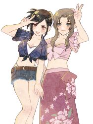 Rule 34 | 2girls, aerith gainsborough, aerith gainsborough (floral delight), belt, belt buckle, bikini, black hair, breasts, brown hair, buckle, cleavage, closed mouth, collared shirt, cowboy shot, crop top, final fantasy, final fantasy vii, final fantasy vii rebirth, final fantasy vii remake, flower, frilled sleeves, frills, green eyes, grey shorts, hair flower, hair ornament, highres, large breasts, looking at viewer, medium breasts, midriff, multiple girls, navel, official alternate costume, open mouth, parted bangs, pink shirt, pink skirt, ponytail, rena s1226, shirt, short shorts, short sleeves, shorts, sidelocks, skirt, smile, striped clothes, striped shirt, swept bangs, swimsuit, swimsuit under clothes, tifa lockhart, tifa lockhart (majestic glamour), v, wavy hair, white background, white bikini