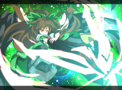 Rule 34 | 1girl, arm cannon, arm grab, between legs, black wings, blouse, boots, bow, brown hair, cape, female focus, firing, green theme, hair bow, hand between legs, highres, letterboxed, long hair, midair, open mouth, red eyes, reiuji utsuho, shirt, skirt, solo, third eye, touhou, weapon, wings, zamudelin