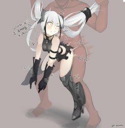Rule 34 | 1boy, 1girl, absurdres, blush, clothed female nude male, cum, cum overflow, dangling legs, destroyer (girls&#039; frontline), drooling, eyebrows, full body, girls&#039; frontline, grabbing another&#039;s hair, hetero, highres, kim da-yoon, korean text, long hair, nude, open mouth, rolling eyes, sex, sex from behind, simple background, solo focus, spread legs, steam, tears, tongue, tongue out, twintails, twitter