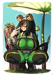 Rule 34 | asui tsuyu, black hair, bodysuit, boku no hero academia, breasts, cameltoe, frog, gloves, goggles, goggles on head, highres, large breasts, nikuatsu magician shinbo, squatting, thick thighs, thighs, tongue, tongue out, tree stump