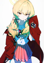 Rule 34 | 1girl, blonde hair, blue archive, closed mouth, cowboy shot, halo, highres, jacket, karasuri, long hair, long sleeves, looking at viewer, low twintails, official alternate costume, open clothes, open jacket, pink skirt, pleated skirt, red jacket, shirt, simple background, skirt, solo, twintails, white background, white shirt, yellow eyes, yellow halo, yoshimi (band) (blue archive), yoshimi (blue archive)