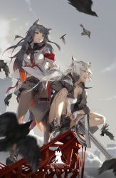 Rule 34 | 2girls, :d, animal ears, arknights, bandeau, bare legs, black footwear, black hair, black jacket, boots, breasts, brown eyes, character name, commentary request, copyright name, grey eyes, grey shorts, highres, jacket, lappland (arknights), long hair, long sleeves, medium breasts, multiple girls, navel, open clothes, open jacket, open mouth, outdoors, short shorts, shorts, silver hair, smile, squatting, standing, strapless, texas (arknights), thigh strap, thighs, tube top, white jacket, wolf ears, xiye