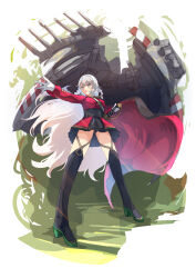 Rule 34 | 1girl, azur lane, black skirt, blush, boots, breasts, cannon, cape, epaulettes, green background, green cape, grey eyes, grey hair, hane (feathe02), highres, jacket, large breasts, long hair, looking at viewer, machinery, military uniform, open mouth, rigging, saber (weapon), skirt, solo, sword, thighhighs, turret, uniform, very long hair, vittorio veneto (azur lane), weapon, white background, white hair