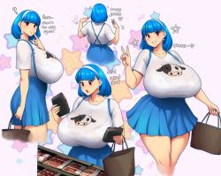 Rule 34 | 1girl, ?, blue hair, blush, bra, bra visible through clothes, breasts, collarbone, curvy, earrings, english text, erkaz, highres, huge breasts, jewelry, looking at viewer, medium hair, multiple views, original, parted lips, red eyes, rina atherina, see-through, shiny skin, shirt, shopping, skirt, smile, suspender skirt, suspenders, t-shirt, thick thighs, thighs, underwear, v, wide hips