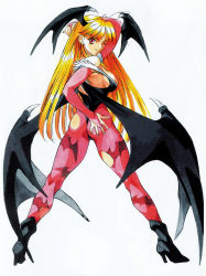 Rule 34 | 1girl, absurdres, alternate color, animal print, antenna hair, artist request, ass, bare shoulders, bat print, bat wings, blonde hair, breasts, bridal gauntlets, capcom, demon girl, from behind, full body, hand on own ass, head wings, highres, large breasts, leotard, long hair, looking back, morrigan aensland, non-web source, one eye closed, pantyhose, print pantyhose, red eyes, sideboob, solo, spread legs, standing, thong leotard, torn clothes, torn pantyhose, vampire (game), very long hair, wings, wink