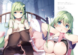 Rule 34 | 1girl, absurdres, bed, blue eyes, blush, breasts, closed mouth, curtains, fingernails, frog hair ornament, green eyes, hair ornament, hair tubes, highres, indoors, kochiya sanae, large breasts, lifted by self, long hair, long sleeves, looking at viewer, miyase mahiro, multiple views, nipples, open mouth, pantyhose, petals, pillow, ribbed sweater, short sleeves, sitting, snake hair ornament, sweater, touhou, turtleneck, turtleneck sweater, undressing, upper body, window