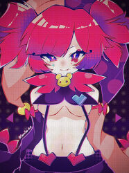 Rule 34 | 1girl, bare shoulders, bow, breasts, brown sleeves, buro (muse dash), closed mouth, codename jaroa, commentary request, detached sleeves, fang, fang out, highres, long sleeves, looking at viewer, medium breasts, muse dash, navel, purple eyes, purple sleeves, red bow, red hair, smile, solo, suspenders, underboob