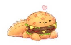 Rule 34 | :3, animal, beef, cheese, closed mouth, crocodile, crocodilian, closed eyes, food, food focus, full body, fusion, burger, happy, heart, krocodilian, lettuce, lipstick mark, no humans, original, simple background, sitting, smile, solo, tail, tomato, white background