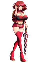 Rule 34 | 1girl, absurdres, belt, bikini, boots, breasts, chest jewel, collar, earrings, flag, high heel boots, high heels, highres, huge breasts, jacket, jewelry, multiple straps, navel, planted, planted umbrella, pyra (xenoblade), race queen, red eyes, red hair, red shorts, red thighhighs, short hair, short shorts, shorts, shrug (clothing), solo, strapless, swept bangs, swimsuit, thigh boots, thighhighs, tube top, two-tone bikini, umbrella, will (willanator93), xenoblade chronicles (series), xenoblade chronicles 2