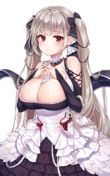 Rule 34 | 1girl, azur lane, bare shoulders, between breasts, black nails, breasts, cleavage, detached collar, dress, formidable (azur lane), frilled dress, frills, highres, interlocked fingers, large breasts, long hair, long sleeves, looking at viewer, maid, nail polish, own hands together, red eyes, reel (riru), silver hair, smile, solo, twintails, upper body, very long hair