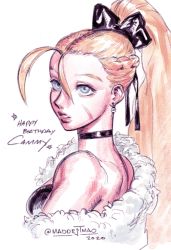Rule 34 | 1girl, 2020, alternate costume, alternate hairstyle, animal ears, bare shoulders, black bow, black choker, black dress, blonde hair, blue eyes, bow, braid, cammy white, character name, choker, commentary, dress, english commentary, scar on face, feather boa, french braid, hair bow, happy birthday, high ponytail, lips, long hair, looking at viewer, looking back, maddestmao, portrait, scar, scar on cheek, scar on face, signature, solo, strapless, strapless dress, street fighter, street fighter v, very long hair
