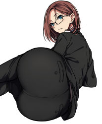 Rule 34 | 1girl, ass, black pants, blue eyes, brown hair, business suit, buttons, commentary request, earrings, female focus, formal, from behind, glasses, highres, hip focus, huge ass, jewelry, kouhai-chan (tawawa), legs together, looking at viewer, looking back, lying, nagioka, office lady, on side, open mouth, original, pants, simple background, solo, suit, white background, wide hips